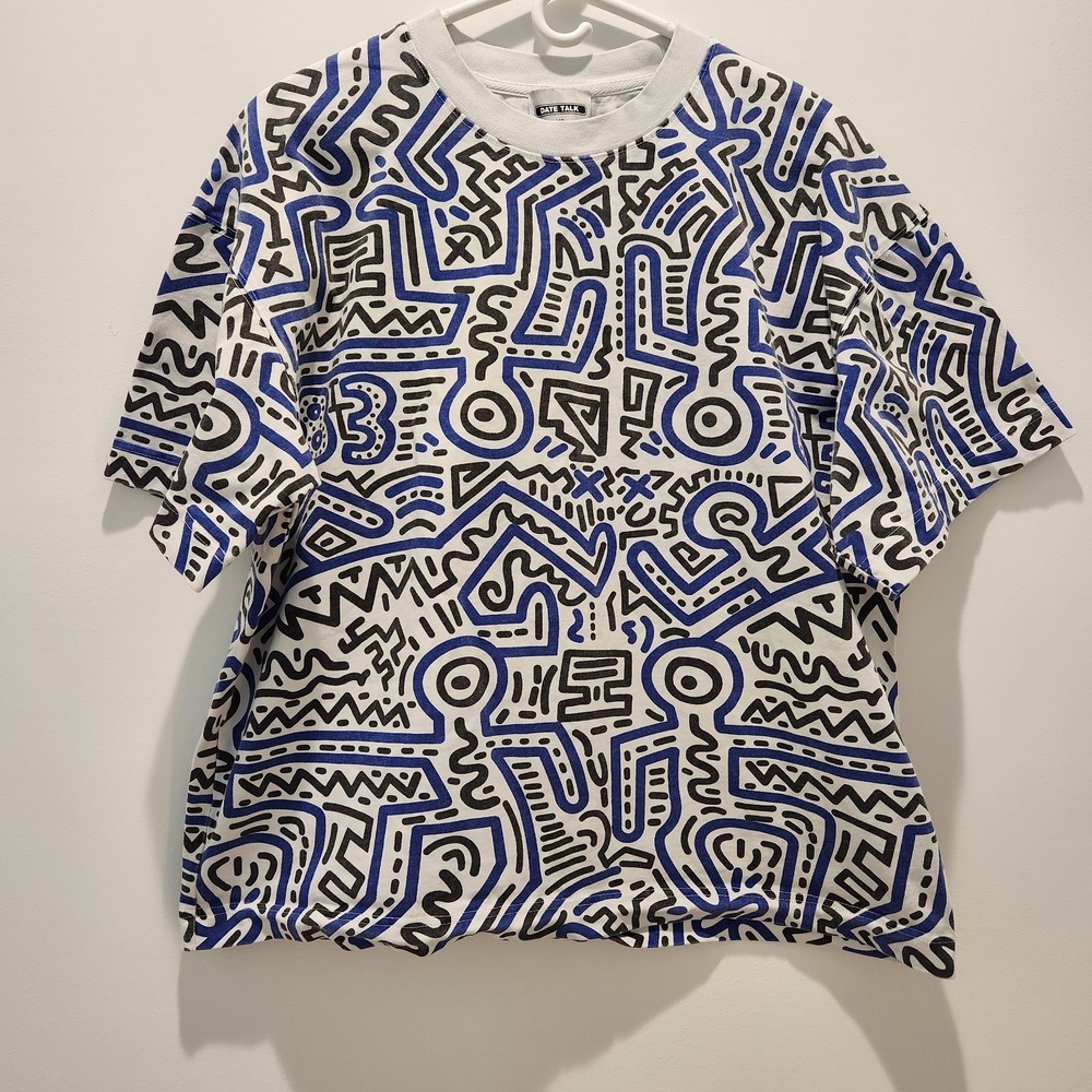 Doodle Art Shirt - White - Blue- Black - Very Thick Material-Labeled "Date Talk"